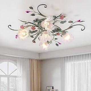 Flower Chandelier Ceiling Light,5-Light Pink Ceramic Rose Ceiling Lamp w...