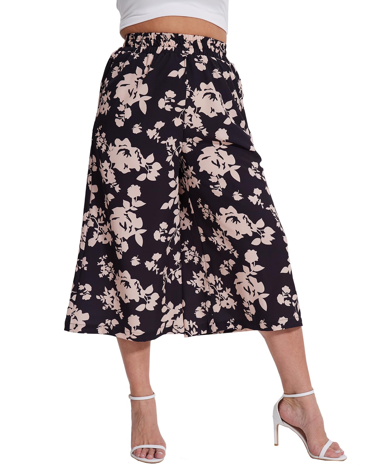 sissycos Capri Pants for Women Loose High Waisted Wide Leg Palazzo Culottes Floral Printed Lounge Gaucho Capris with