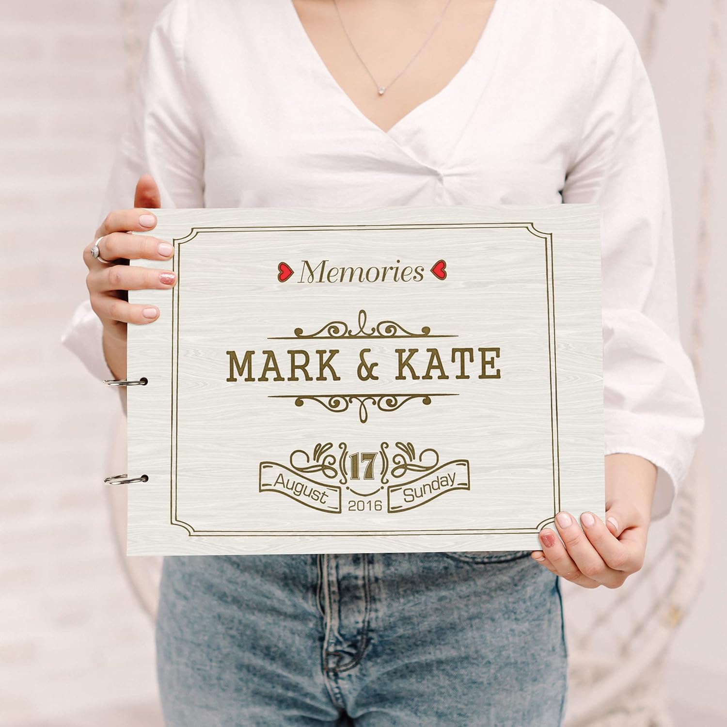 Darling Souvenir Personalized Engraved Laser Cut Wedding Guest Book Wooden Cover Sign-in Book Registry Guestbook Scrapbook-6G