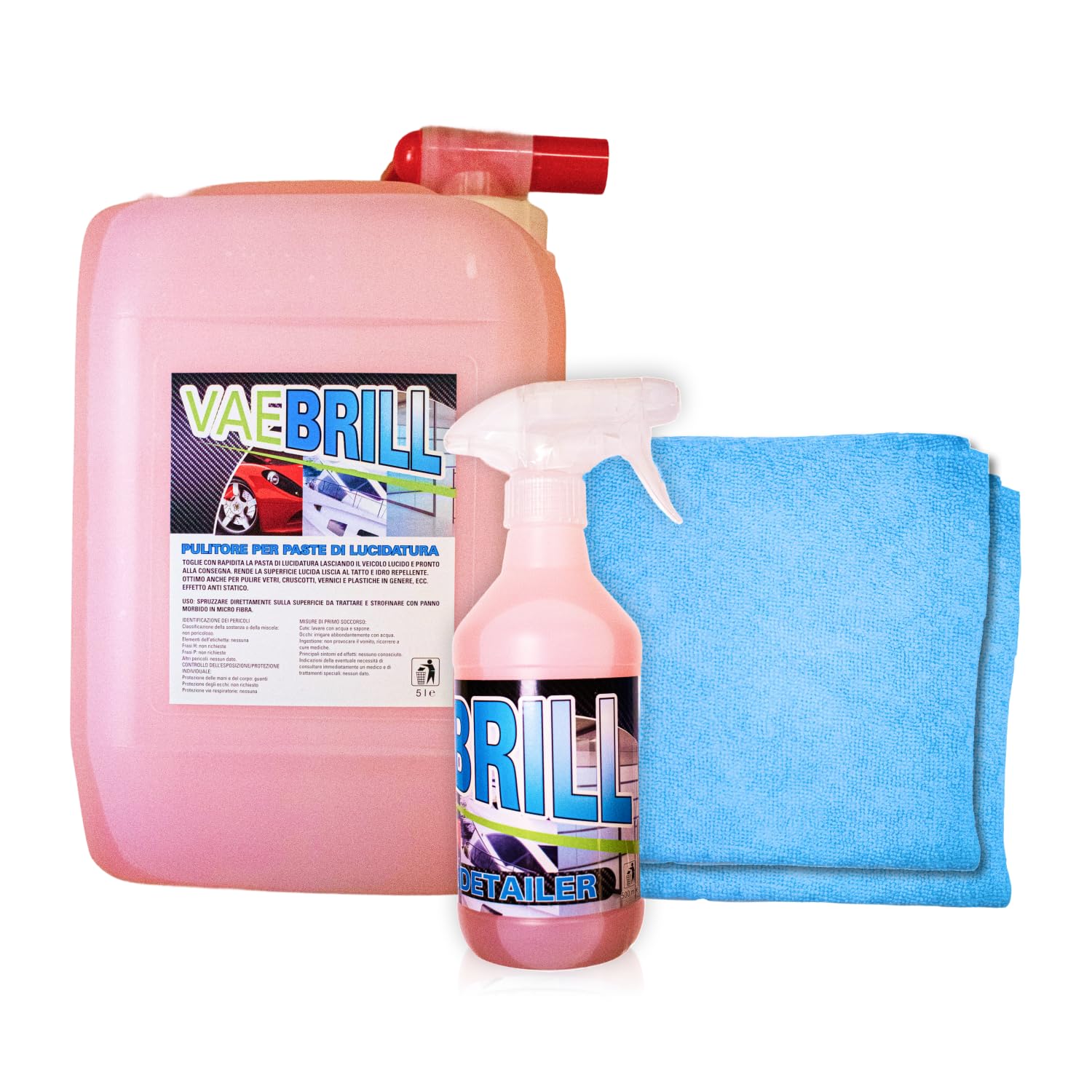 VAEBRILL Quick Detailer, Pulitore Universale Auto Tanica 5 L + Flacone 500 ml e 2 Panni in Microfibra, Lava Senza Acqua, Detergente Antistatico per Cruscotti, Vetri, Plastiche, Formula Professionale