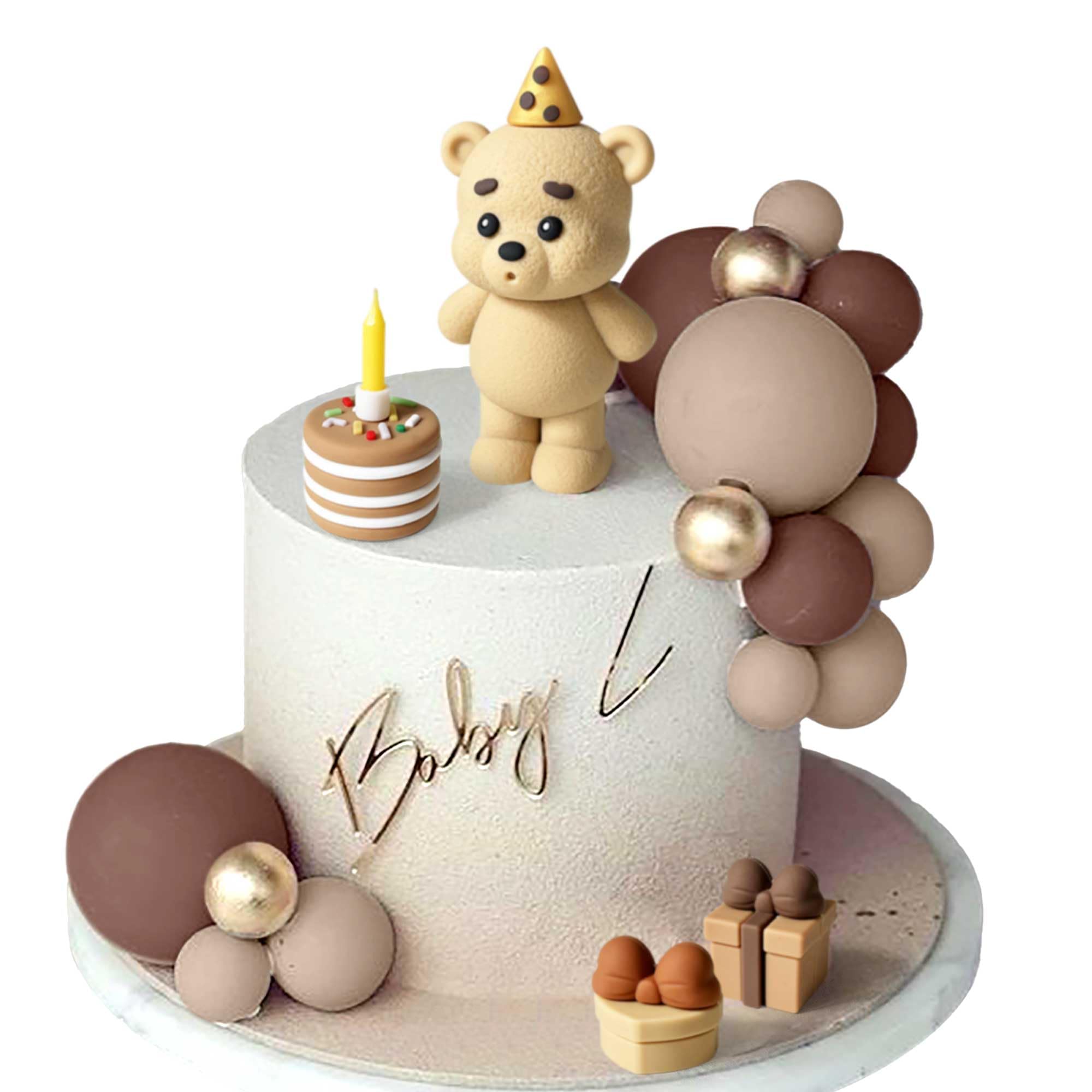 Roaring Good Time Pluszowy miś dekoracja tortu, chrzest, chłopiec, dekoracja tortu dla dziewczynki w wieku 1 roku, brązowy tort, dekoracja na wesele, baby shower, urodziny (nie zawiera świec) | Pluszowy miś, dekoracja na tort chrzcinowy dla dziewczynki, 1