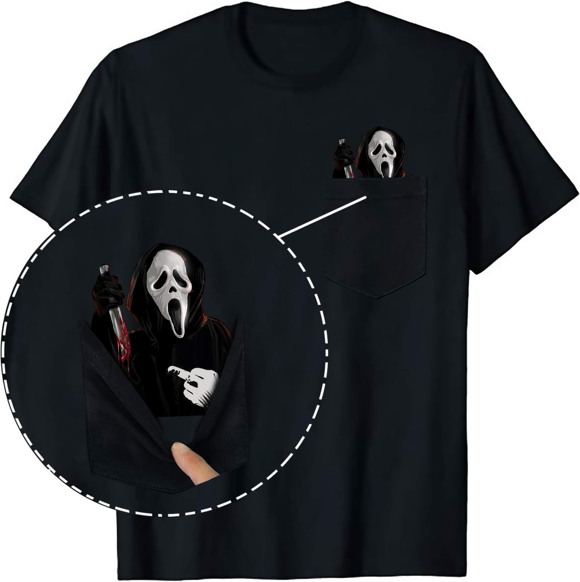 Vintage Version Funny Ghost-face Middle Finger Horror Halloween Pocket T-Shirt Gift for Men Women…