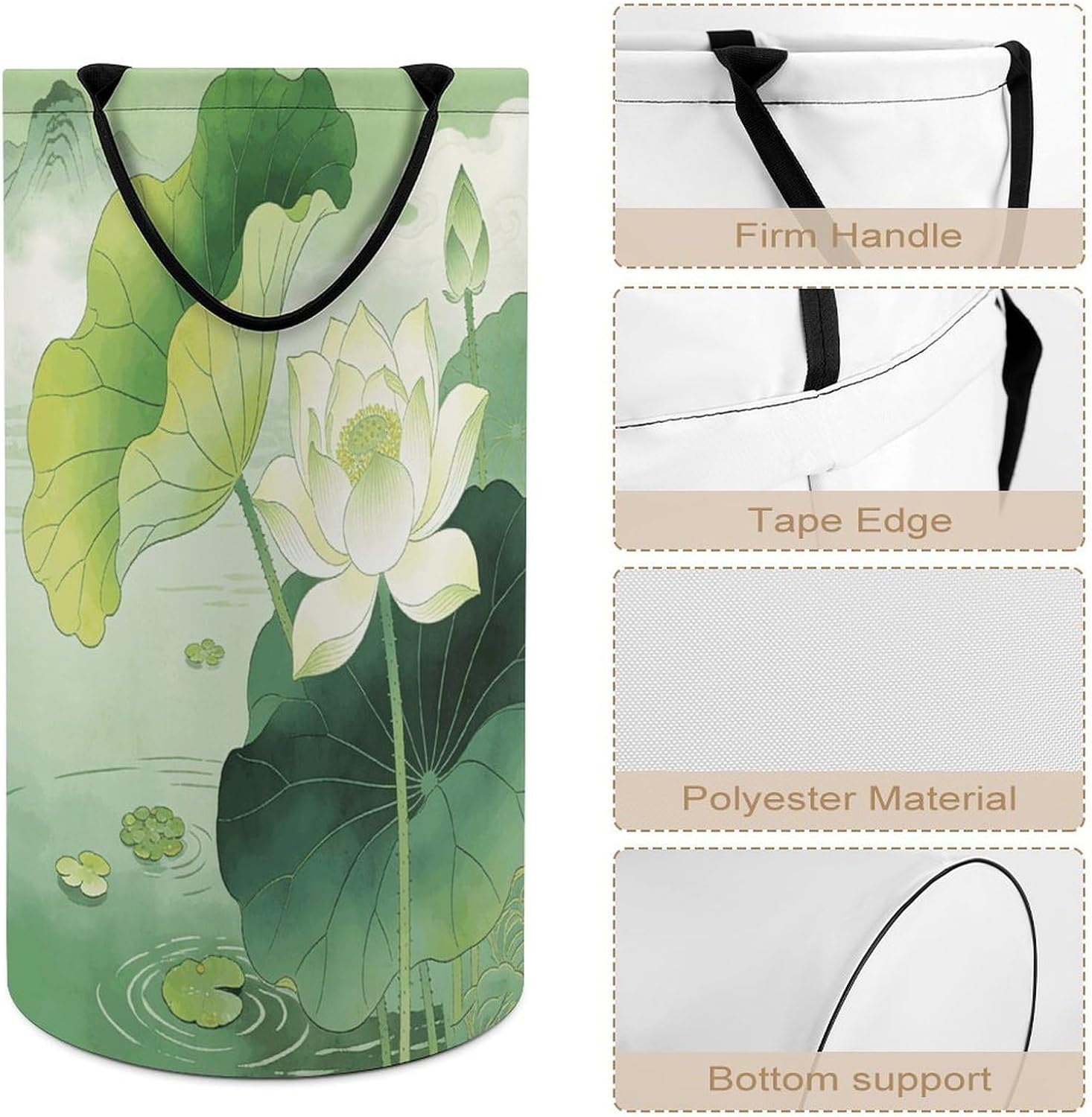 Green Lotus Pond Laundry Hamper Portable Lightweight Clothes Hampers Fashion Dirty Laundry Storage Basket Large Capacity Foldable Clothes Baskets for Bathroom Bedroom