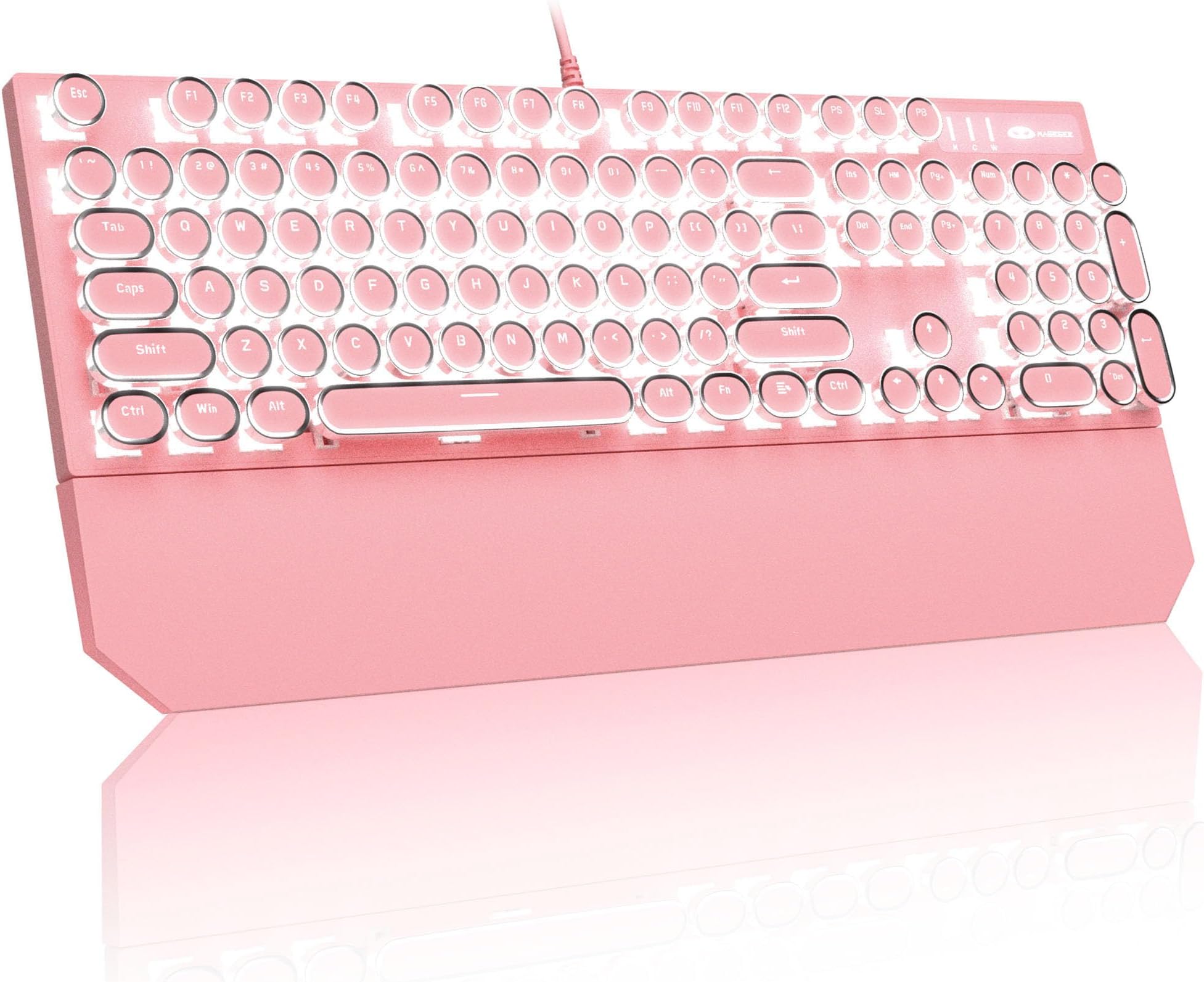 MageGee Typewriter Mechanical Gaming Keyboard, Retro Punk Round Keycap LED White Backlit USB Wired Keyboards for Game and Office, for Windows Laptop PC Mac - Blue Switches/Pink