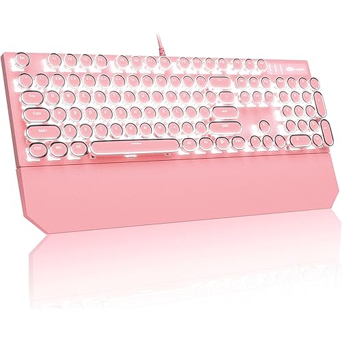 MageGee Typewriter Mechanical Gaming Keyboard, Retro Punk Pink Round Keycaps, 104 Keys LED White Backlit Wired Keyboards for Laptop MAC PC Gamer, with Magnetic Wrist Rest, Blue Switch