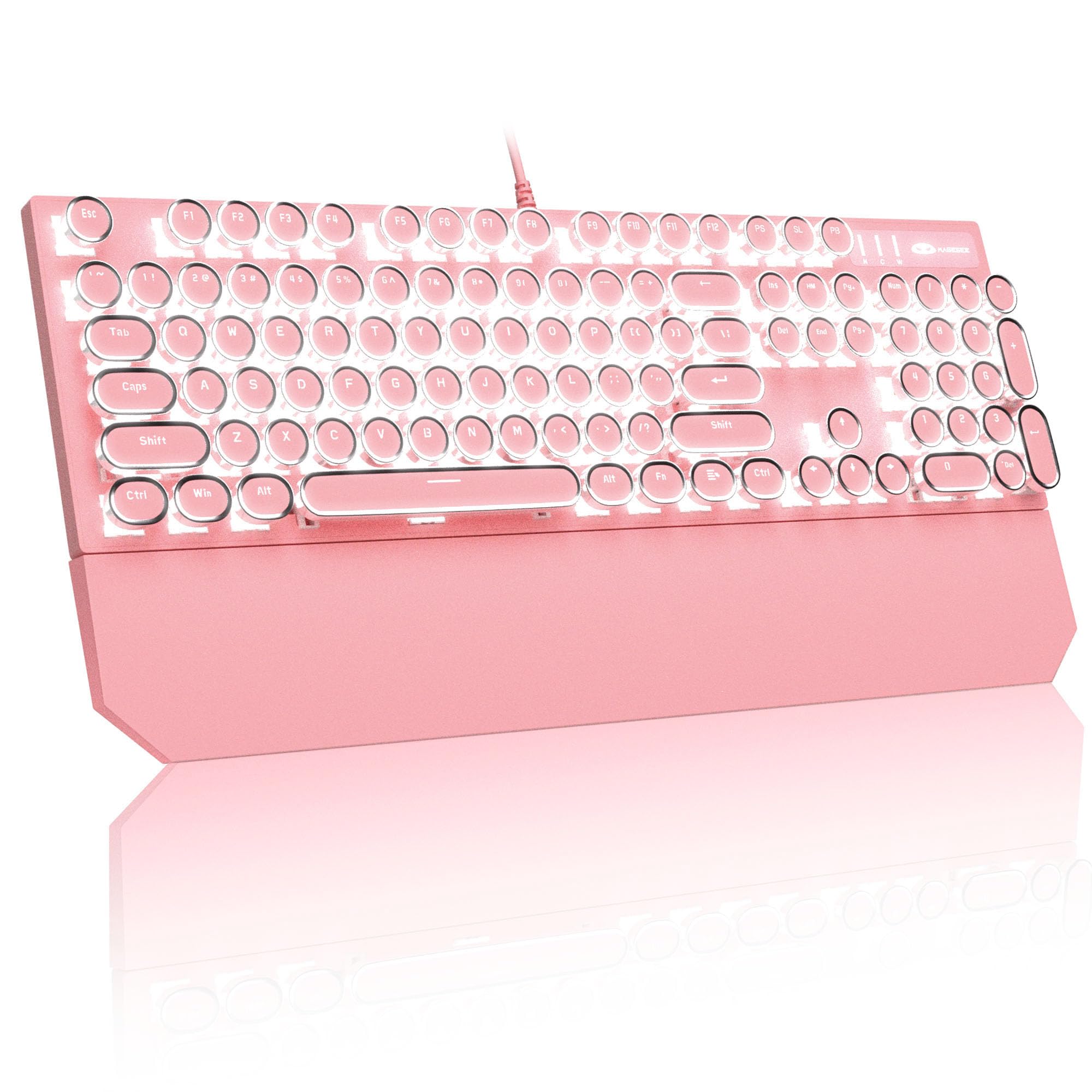 MageGee Typewriter Mechanical Gaming Keyboard, Retro Punk Pink Round Keycaps, 104 Keys LED White Backlit Wired Keyboards for Laptop MAC PC Gamer, with