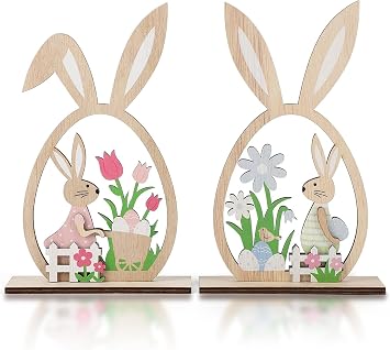 2Pcs Easter Table Decorations for The Home Farmhouse Rustic,Wooden Bunny Egg Shaped Centerpiece with Tulips & Eggs, Spring Tabletop Sign for Easter Indoor Decorations home, Easter Party & Home Decor