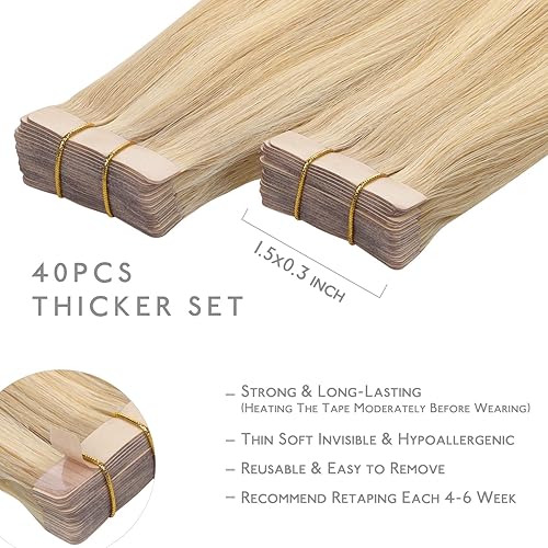 Miniatura 3 de WENNALIFE Extensiones de cabello humano con cinta, 40 unidades, 3.53 oz, 18 pulgadas, rubio claro con reflejos rubio dorado, extensiones de cabello