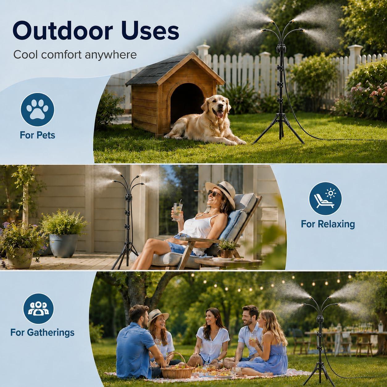 Condition photo showing As Is for 6ft height adjustable standing mister, outdoor misting system, 26ft hose | tripod mister, sprinkler with brass nozzles for patio, garden, pets, poolside backyard cooling, tanning