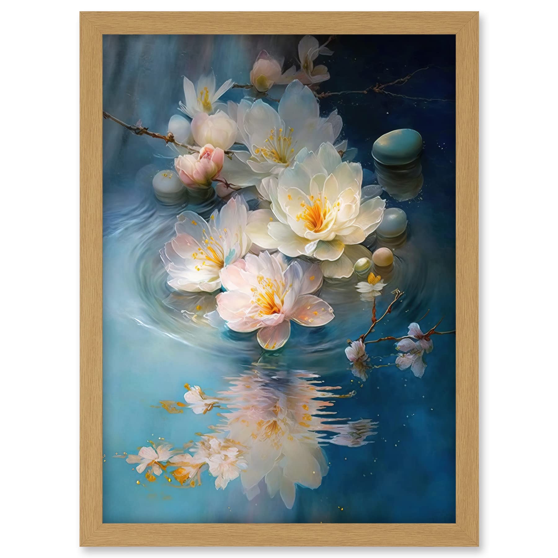 Artery8 Fallen Cherry Blossom Flower Water Ripples Modern Watercolour Painting Artwork Framed A3 Wall Art Print