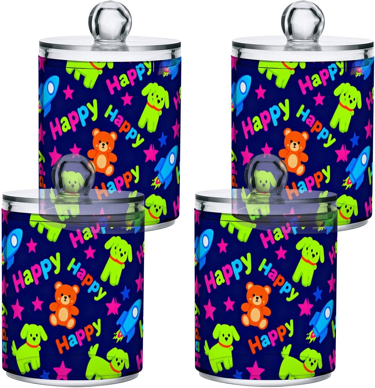 Cute Dog and Bear Blue Clear Plastic Food Organizer Storage with lid Dresser Essentials Decorative storage bins for Cotton Swabs,Cotton Pads,Floss Picks,Paper Clips,Hair Clips 4 Pack