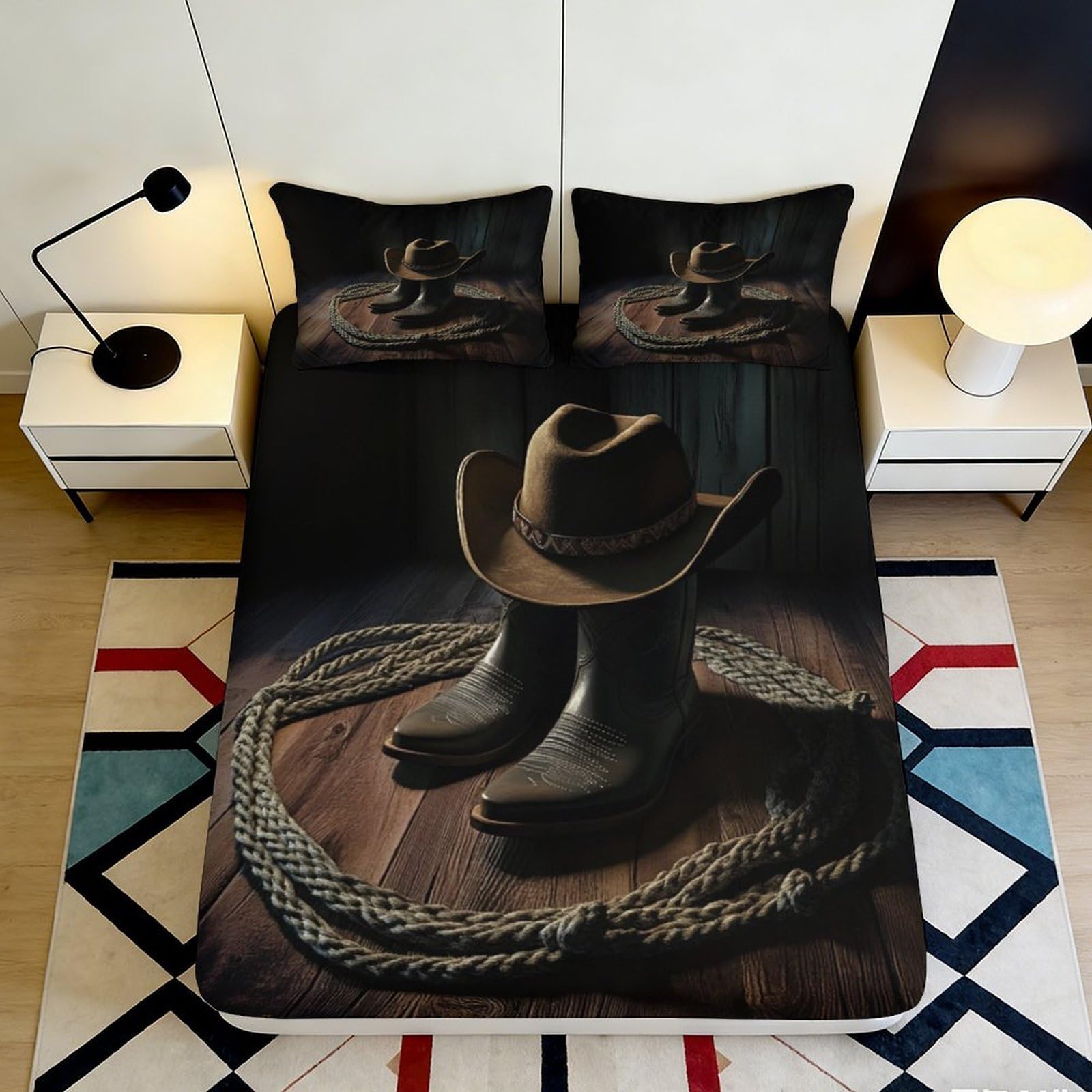 Pnayamiorkfel Style-1 3D Printed Cowboy Hat And Boots Fitted Sheet Microfiber Western Rope Bed Cover For Bedroom Dorm Mattress Decor 90X200x25cm