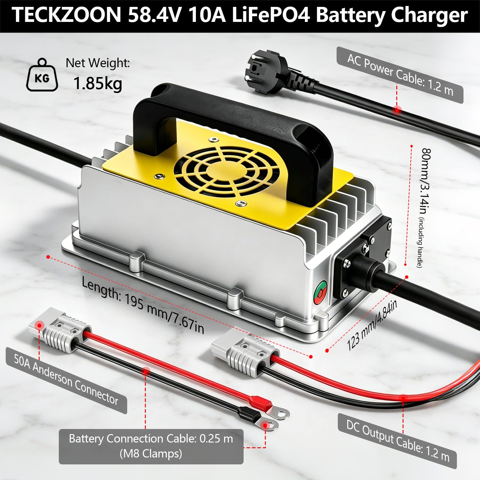 Cargador LiFePO4 58,4V 10A, Cargador Inteligente automático para baterías de Litio Hierro fosfato 48V (51,2V), Cargador rápido LiFePO4 con protección de Seguridad