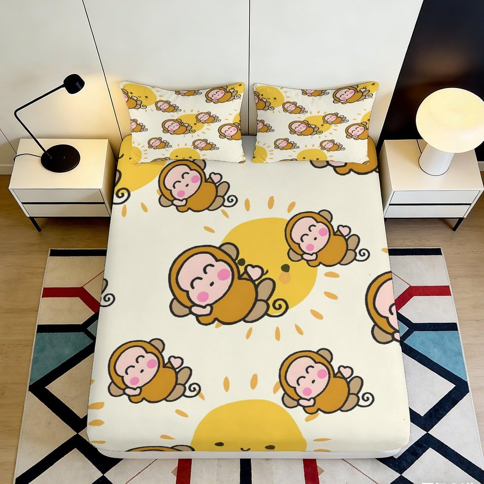 3D Printed Cartoon Monkey Sun Fitted Sheet Microfiber Soft Anti-Slip Bed Sheet for Bedroom Dorm Mattress Protection 180x200x25cm
