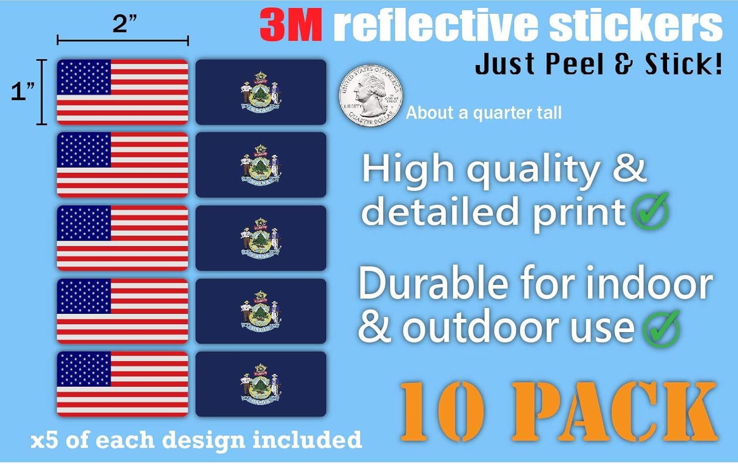 (x10) 3M Reflective Maine and US Flag Stickers | Versatile Safety Decals | Hard hats, laptops, bikes, toolboxes