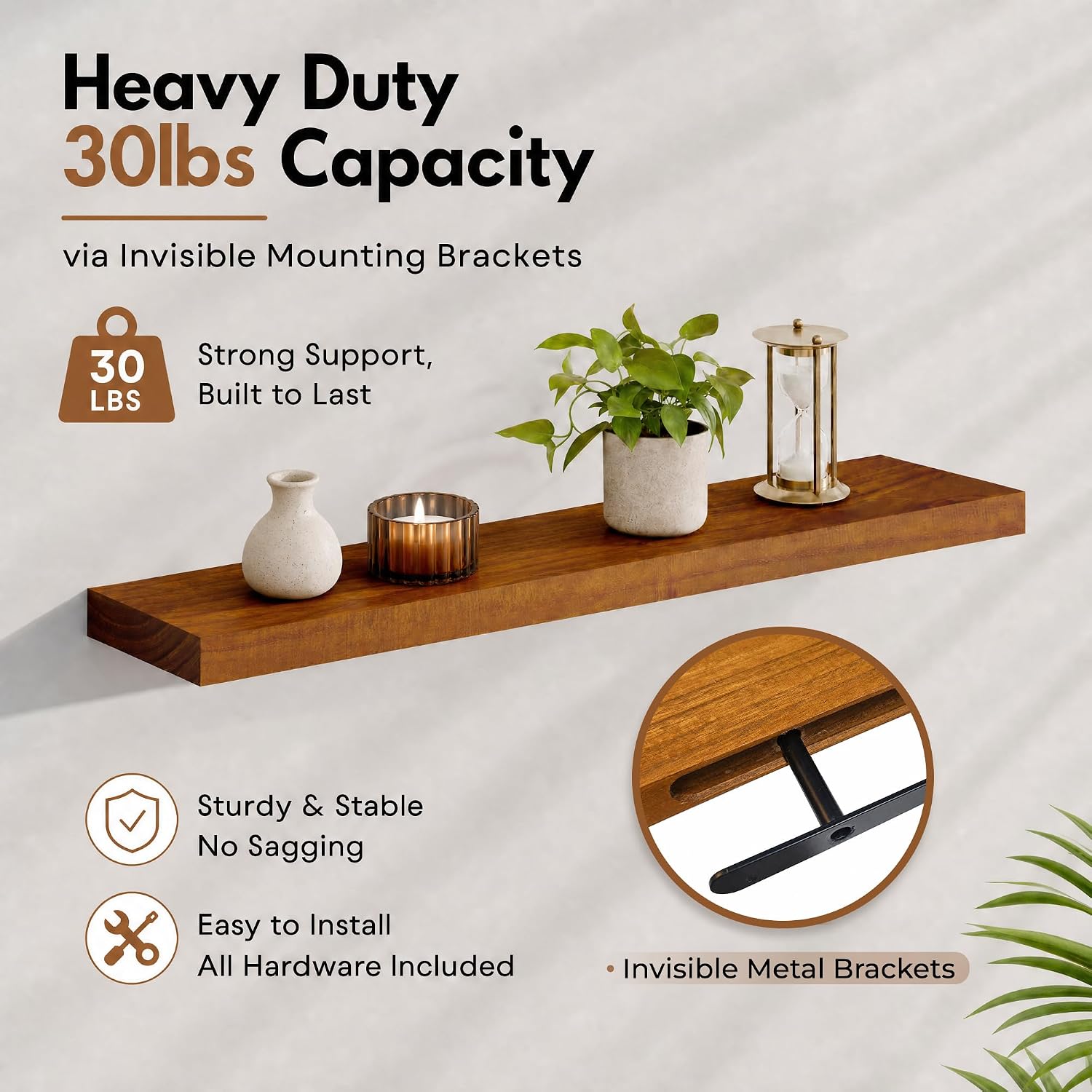 foxsky 24 Inch Solid Wood Floating Shelves for Wall Set of 2 | Hidden Bracket No-Sag Wall Shelves, Decor Storage for Homeowners DIY Home Renovation, Fit Living Room Bedroom Bathroom Kitchen Office
