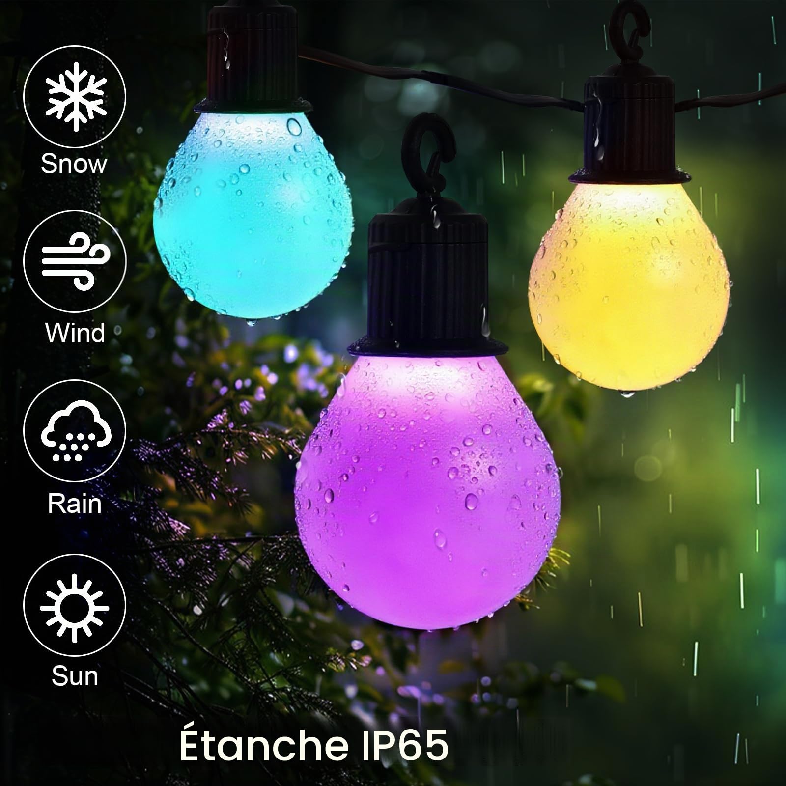 LRGBST 5V USB 15M 25Bulbs Festoon Lumières d'extérieur, Lumières de fées de jardin IP65 imperméables avec Bluetooth APP et télécommande pour Patio Wedding Backyard Party Décor de Noël