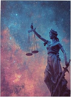 Lady Justice Statue with Scales Under Starry, Wooden Puzzles for Adults 500 Pieces, Celestial Legal Art Print, Suitable for Office Decor & Mindful Leisure, Gift for Law Enthusiasts