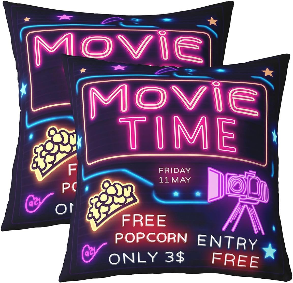 Pack of 2 Neon Sign Movie Theme Pillow Covers 22x22 Retro Cinema Ticket Throw Pillow Covers For Outdoors Car Sofa,Ceremony Photo Photography Cushion Covers Home Theater Decorative Square Pillow Cases