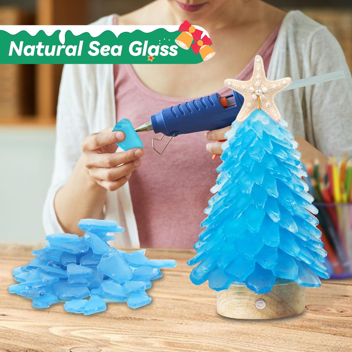Sea Glass Christmas Tree,8.6 inches Mini Christmas Tree with Lights,Beach Nautical Themed Seaglass Blue Christmas Tree for Table top, Christmas Decorations Indoor