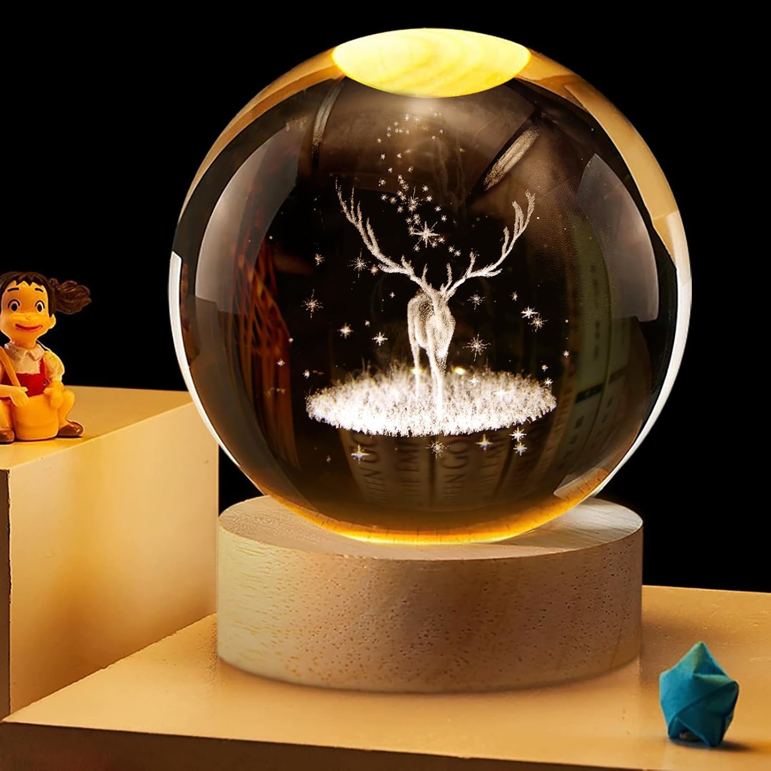 Tabletop Night Light Crystal Ball with Wood Base LED Night Lamp 3D Creative Saturn Astronomy Glaxy Moon Night Lamp Fantasy Decoration Light for kid friend Birthday Gifts Room Home Decor items