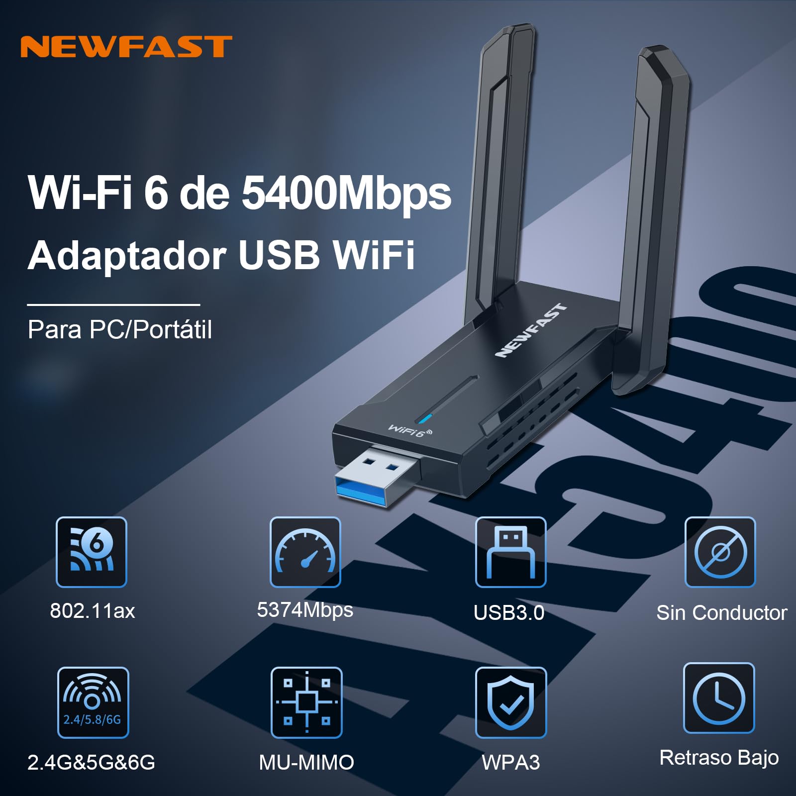 NEWFAST AXE5400Mbps Adaptador WiFi USB para PC Adaptador WiFi6E, USB3.0 Wi-Fi 6 para PC 6GHz/5GHz/2.4GHz Antena WiFi USB Compatible Windows 11/10, MU-MIMO