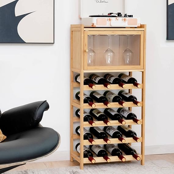 COSTWAY Wine Rack with Glass Holder and Door, 20 Bottles Bamboo