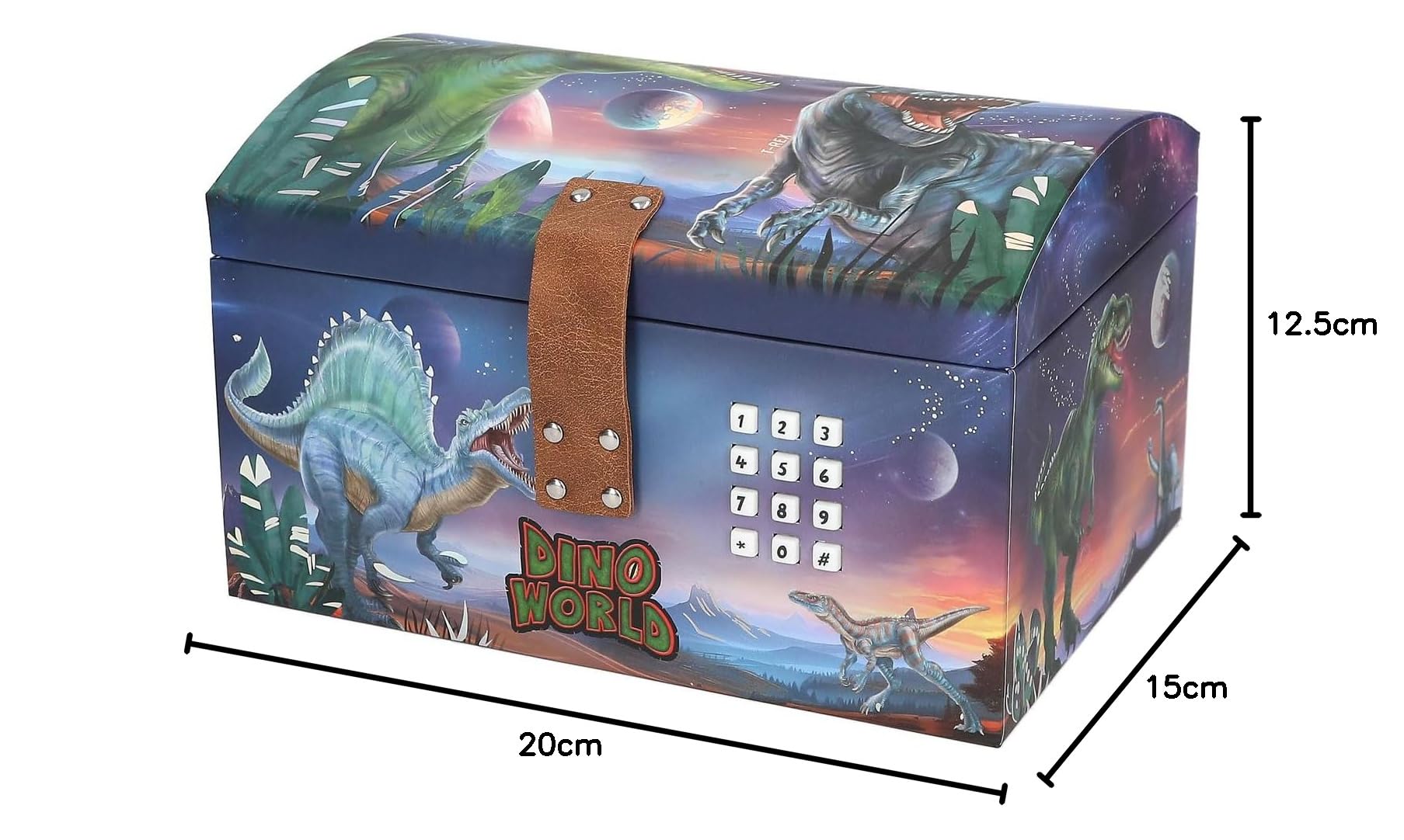 Depesche 13441 Dino World - Scrigno del tesoro con design a forma di dinosauro e pianeti, contenitore con codice, suono e luce