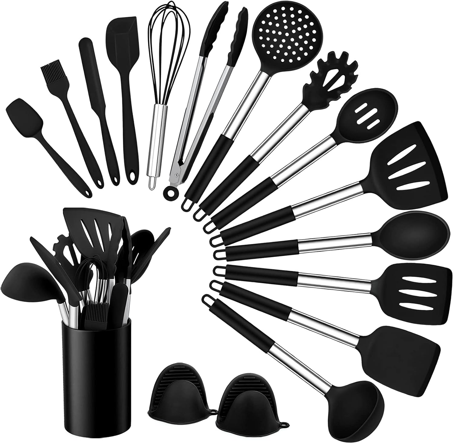 Homikit Kitchen Utensil Set 17 Pieces Silicone Kitchen Utensils Cooking Utensils Set Non-Stick Heat Resistant Cooking Cutlery Set with Stainless Steel Handle Healthy and Durable Dishwasher Safe Black