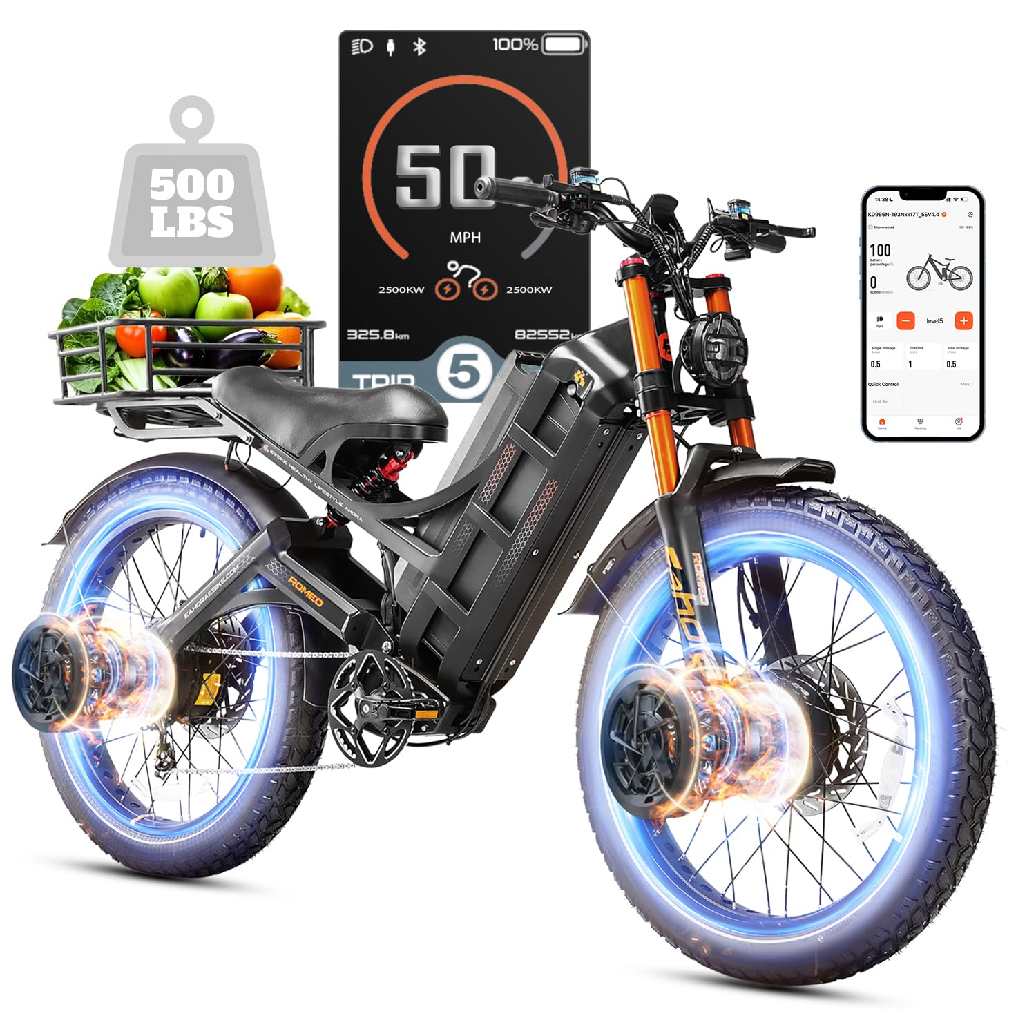 [2025 Upgraded] Romeo Pro Ⅲ 5000W 46-50MPH Dual Motor Electric Bike 60V 80AH 250Miles Long Range Ebike Air Full Susepension Electric Mountain Bike, UL2849