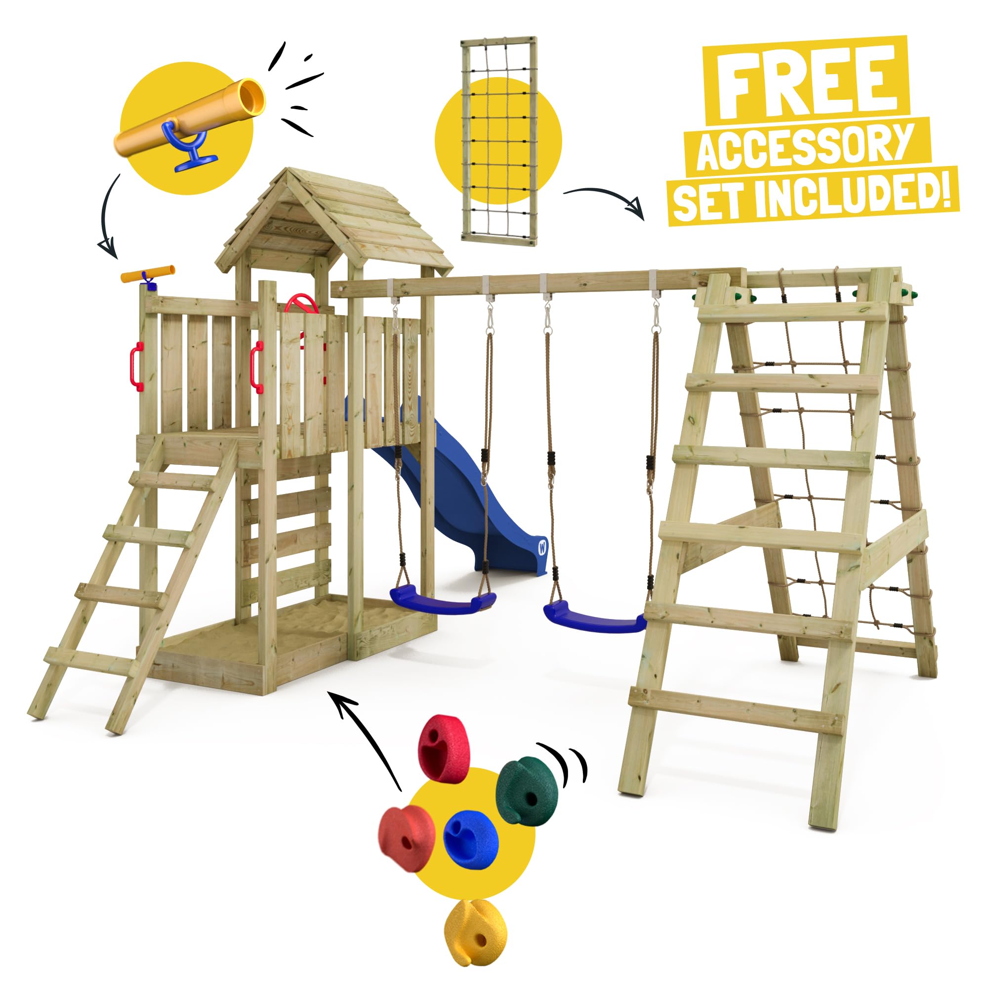 Gioco da giardino WICKEY RocketFlyer con tetto in legno, altalena e scivolo, struttura da esterno per bambini con sabbiera, scaletta e accessori da gioco - verde pastello