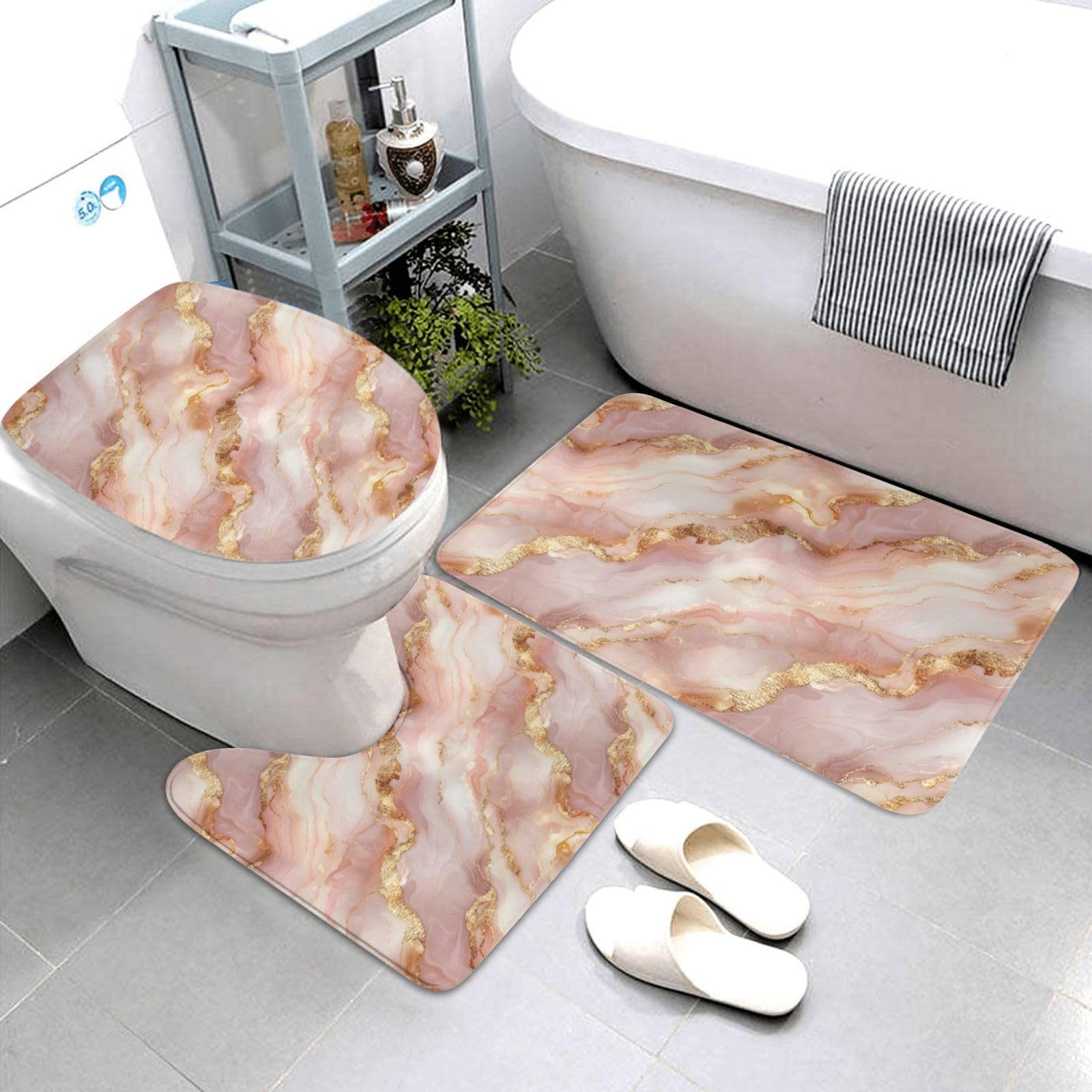 Tapis de salle de bain marbre or rose lavable avec contour WC et housse abattant