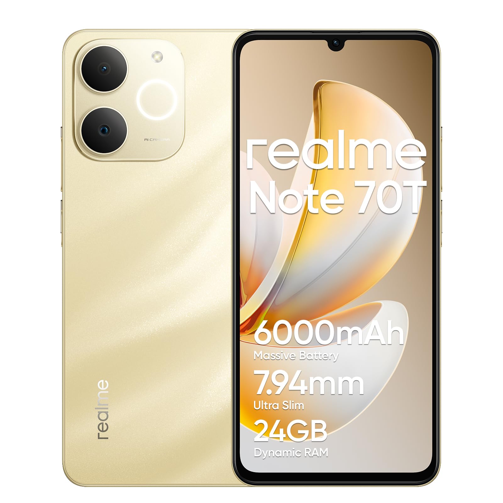 realme Note 70T Smartphone 4+64 GB, Batteria da 6000 mAh, Ricarica rapida da 15 W con supporto alla ricarica inversa da 6 W, RAM dinamica da 24 GB, display da 90 Hz con protezione per gli occhi, oro