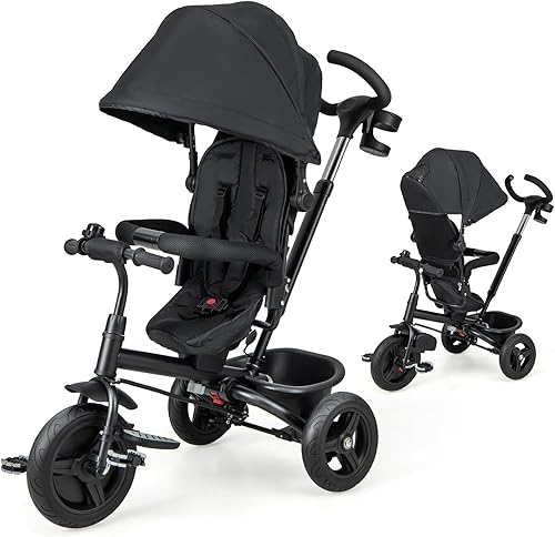 HONEY JOY Triciclo, cochecito 5 en 1 para niños con asa de empuje ajustable y toldo, asiento reversible, cinturón de seguridad, pedal plegable,