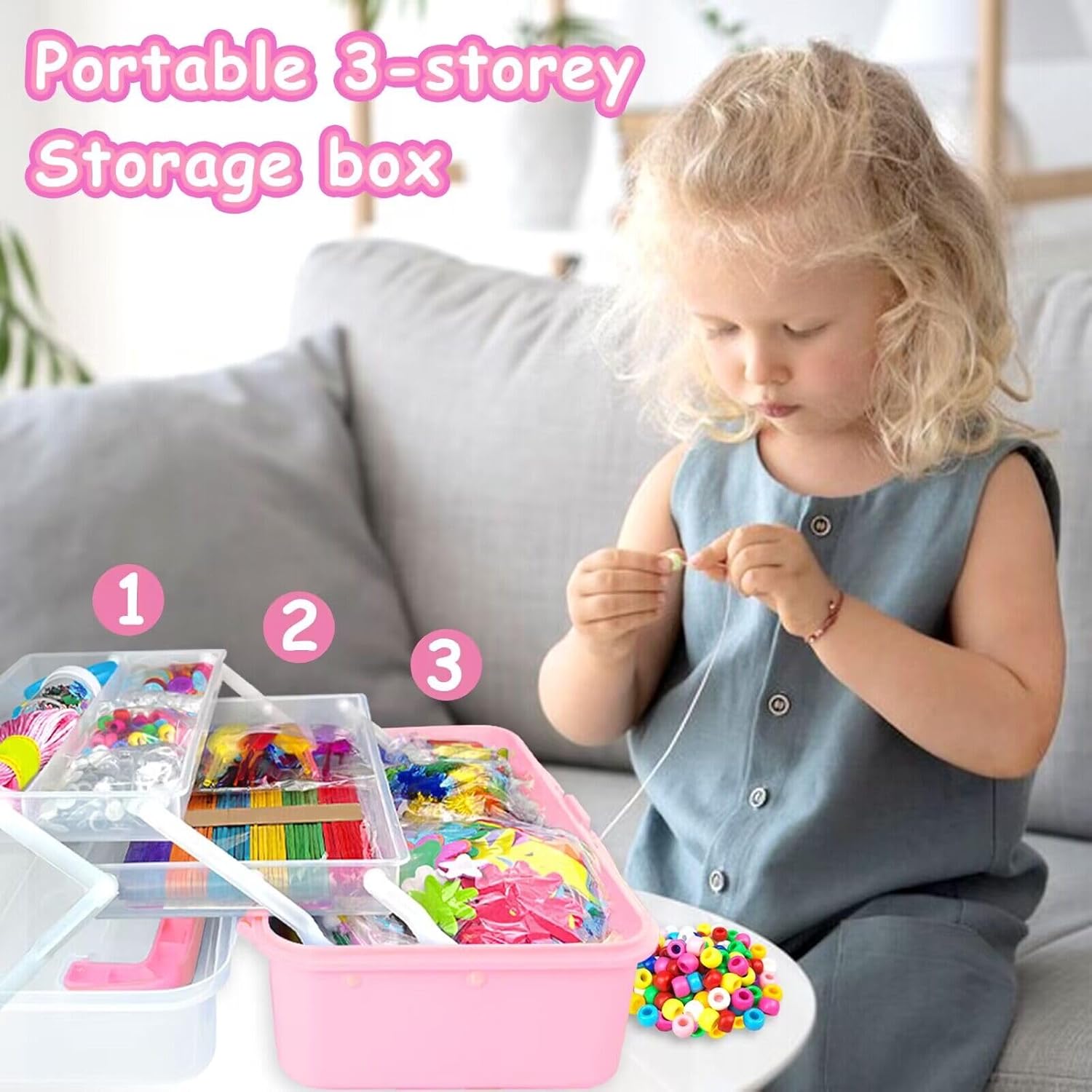 3000 Arts and Crafts Supplies for Kids Craft Kit All in 3 Layered Craft Box with Pipe Cleaners Crafts for Kids Age 4-6, 6-8, 8-12 DIY School Supplies Materials Set Toys Gifts for Girls Boys, Pink image 4 of 6 B0D569W3V8