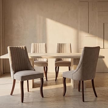 High Back Side Chairs Set of 4, Upholstered Dining Chairs for Kitchen and Dining Room, Mid-Century Modern Fabric Seating with Solid Wood Legs, Beige