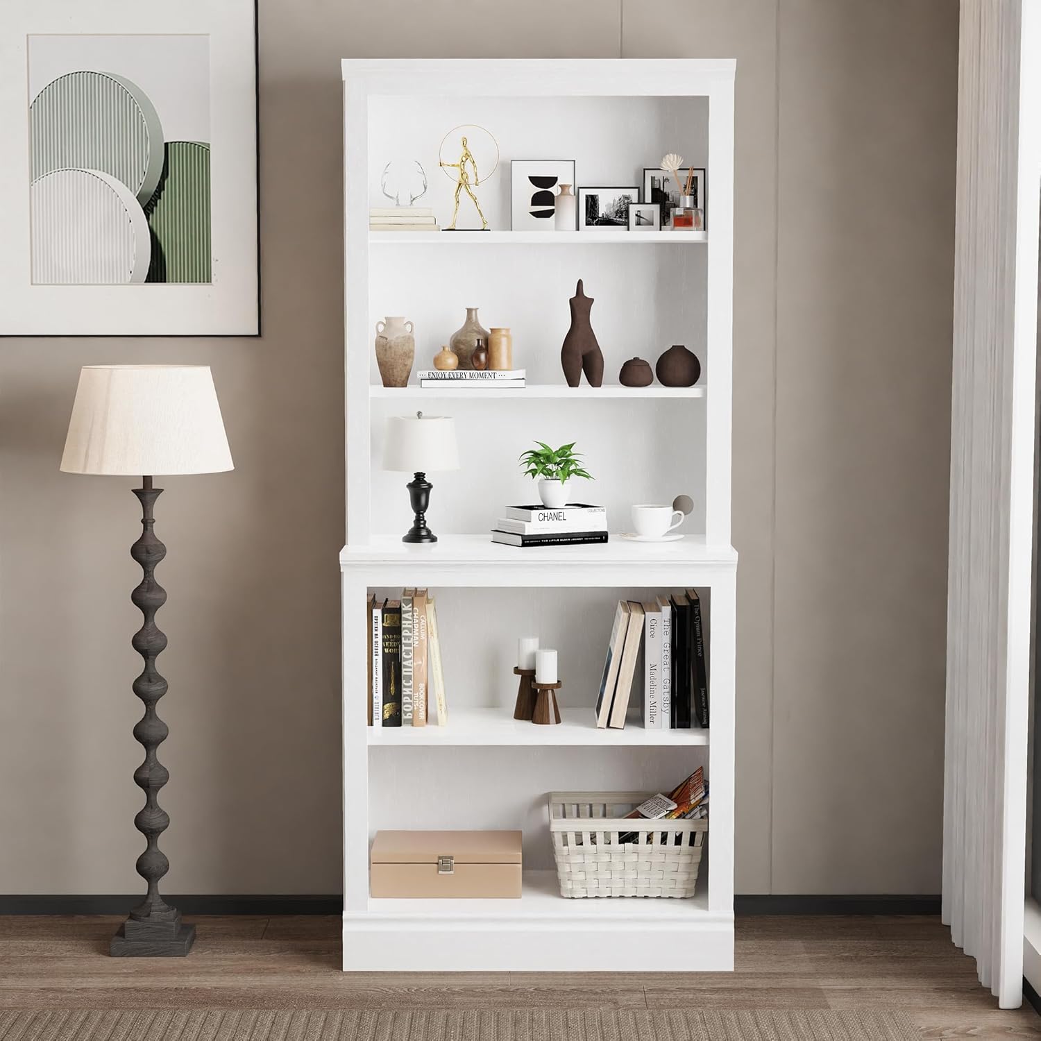 blini Multi-Depth White Bookcase 5 Shelf Solid Wood Bookshelf, 33in Bookcases with Open Shelf Storage，Tall Bookshelves for Library, Living Room, Kids Room, Bedroom, Small Spaces
