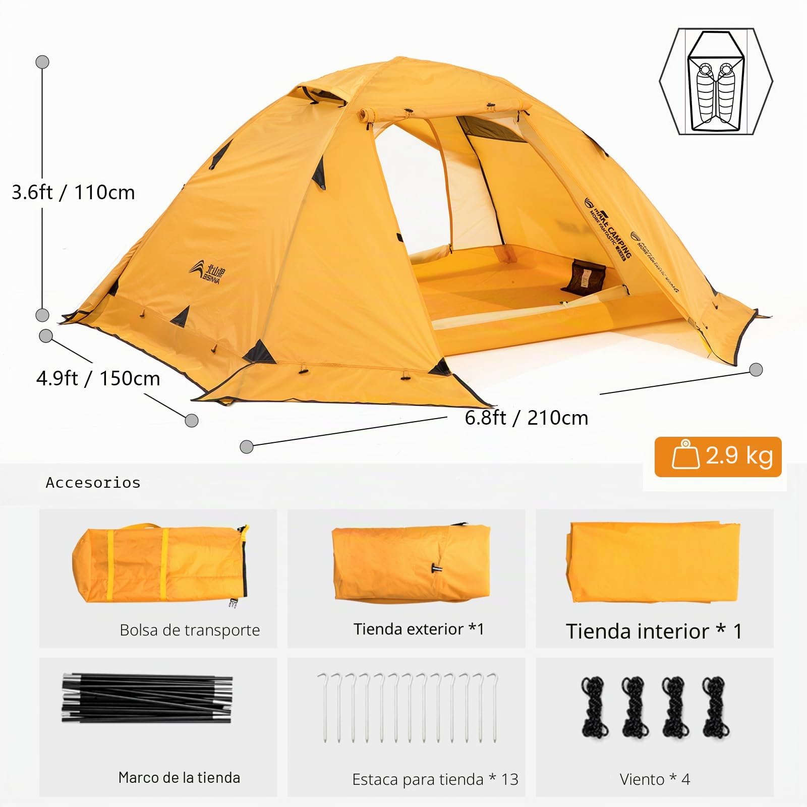 BISINNA Tienda de campaña para 4 Estaciones para mochileros, Tiendas de campaña de Invierno para 2 Personas, Tiendas de campaña Ligeras para Clima frío, Impermeable, Doble Capa, para Todas Las