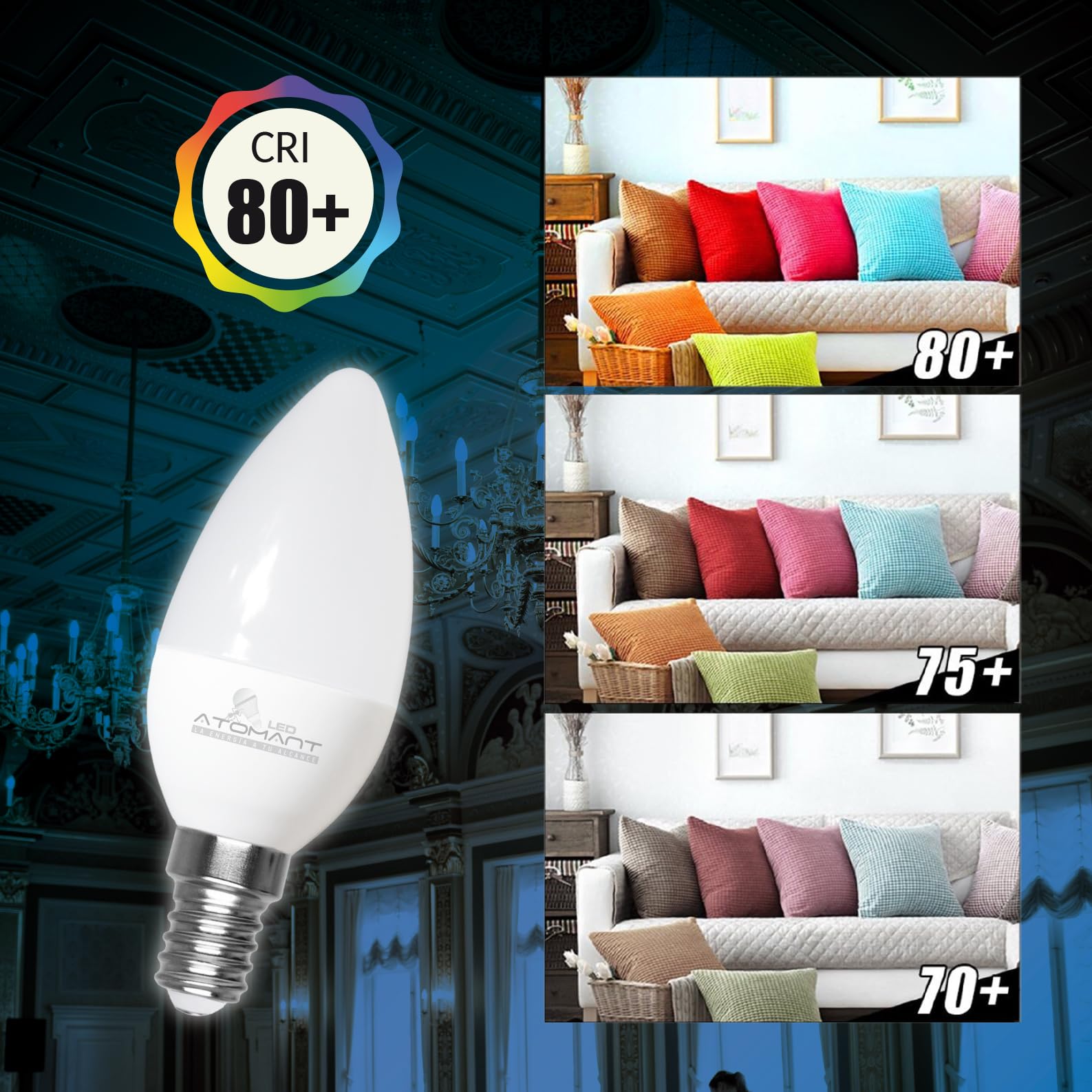 LED ATOMANT Pack 10x Bombilla LED E14 Vela C37 6W, Color Blanco Frio, 610 Lumenes, Casquillo fino, Equivalente a 60W tradicional