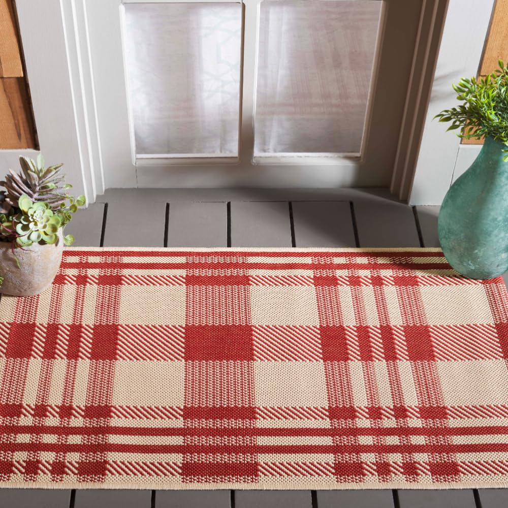 SAFAVIEH Washable Rug Outdoor Courtyard Collection - 2'3" x 5', Red & Bone, Plaid Pattern, Non-Shedding & Easy Cleaning, Ideal for Patio, Front Door,
