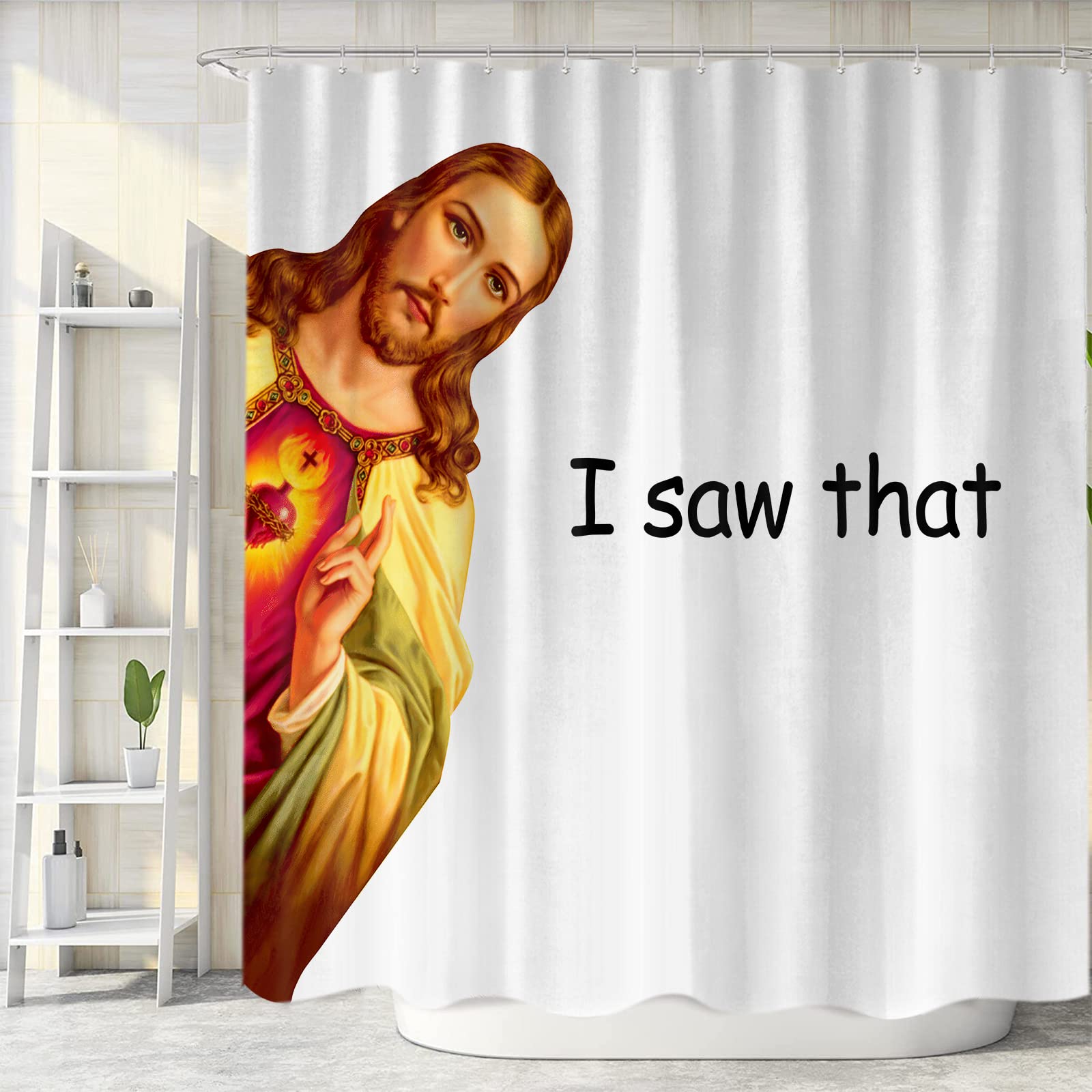 Funny Jesus Shower Curtain Set, Fun I Saw That Jesus Decor Fabric Shower Curtains Sets for Bathroom Cool Unique Funky Hilarious Bath Accessories with Hooks 72 X 72 inch