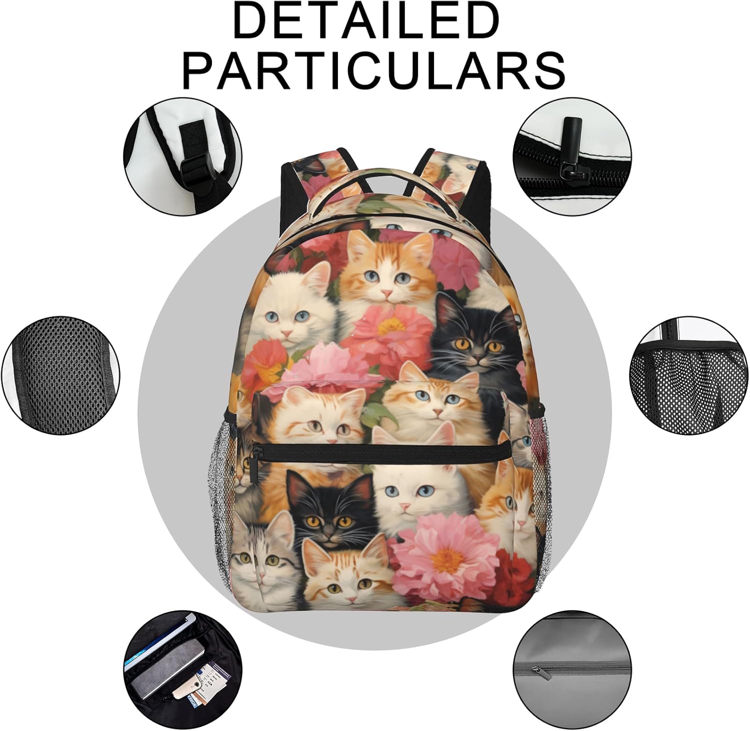 Floral Cat Backpack, Lightweight Backpacks for Travel Work School Sport, Vintage Cute Back Pack Gift for Women Girls, Kitten and Flower Laptop Books Casual Daypack, 11.4×5.9×15.7 Inch