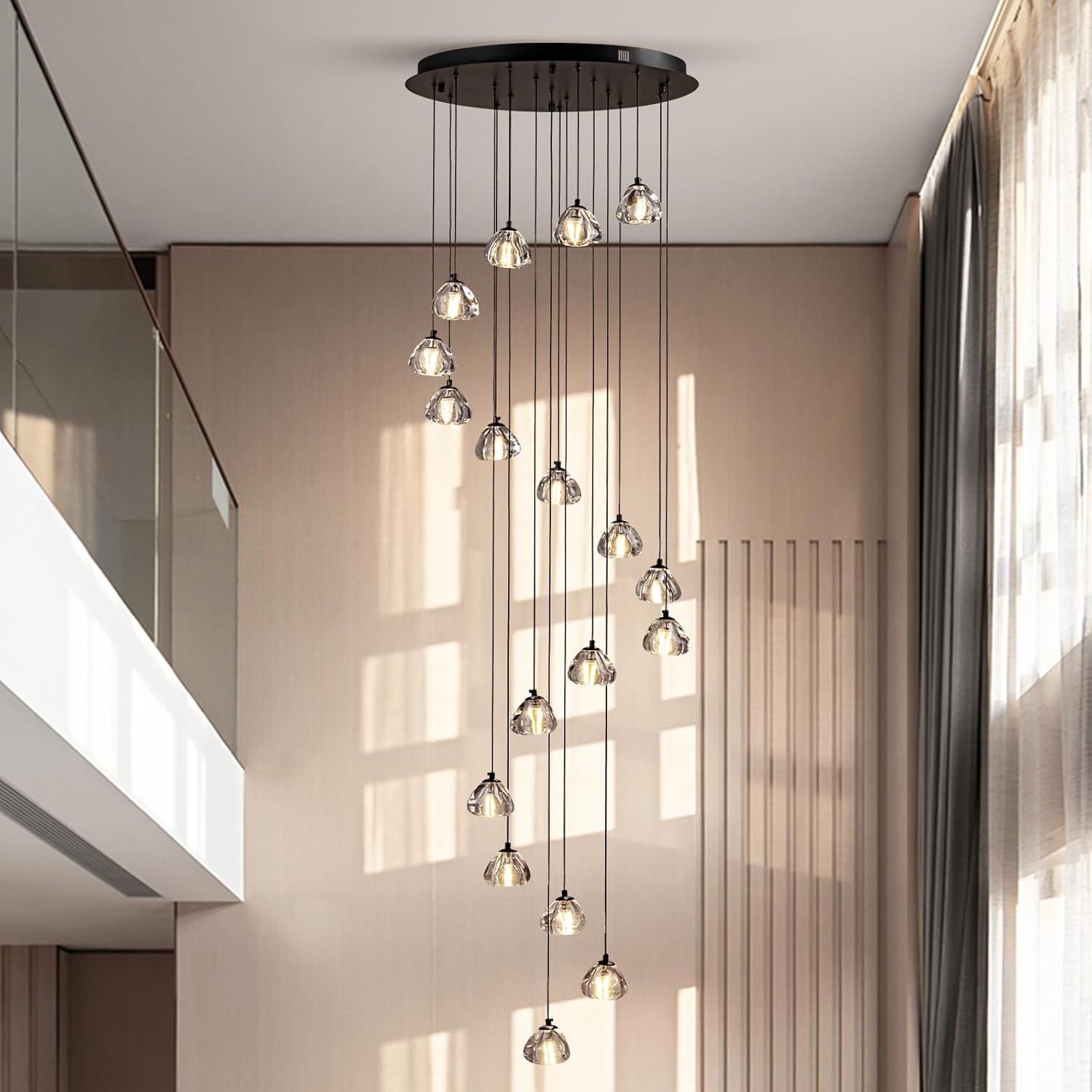 SNZ Modern Crystal Chandelier for Staircases, 18-Light High Ceiling Chandelier, 118" Long Adjustable Ceiling Light for Entrance, Large Chandeliers for High Ceilings, Hallway Entryway