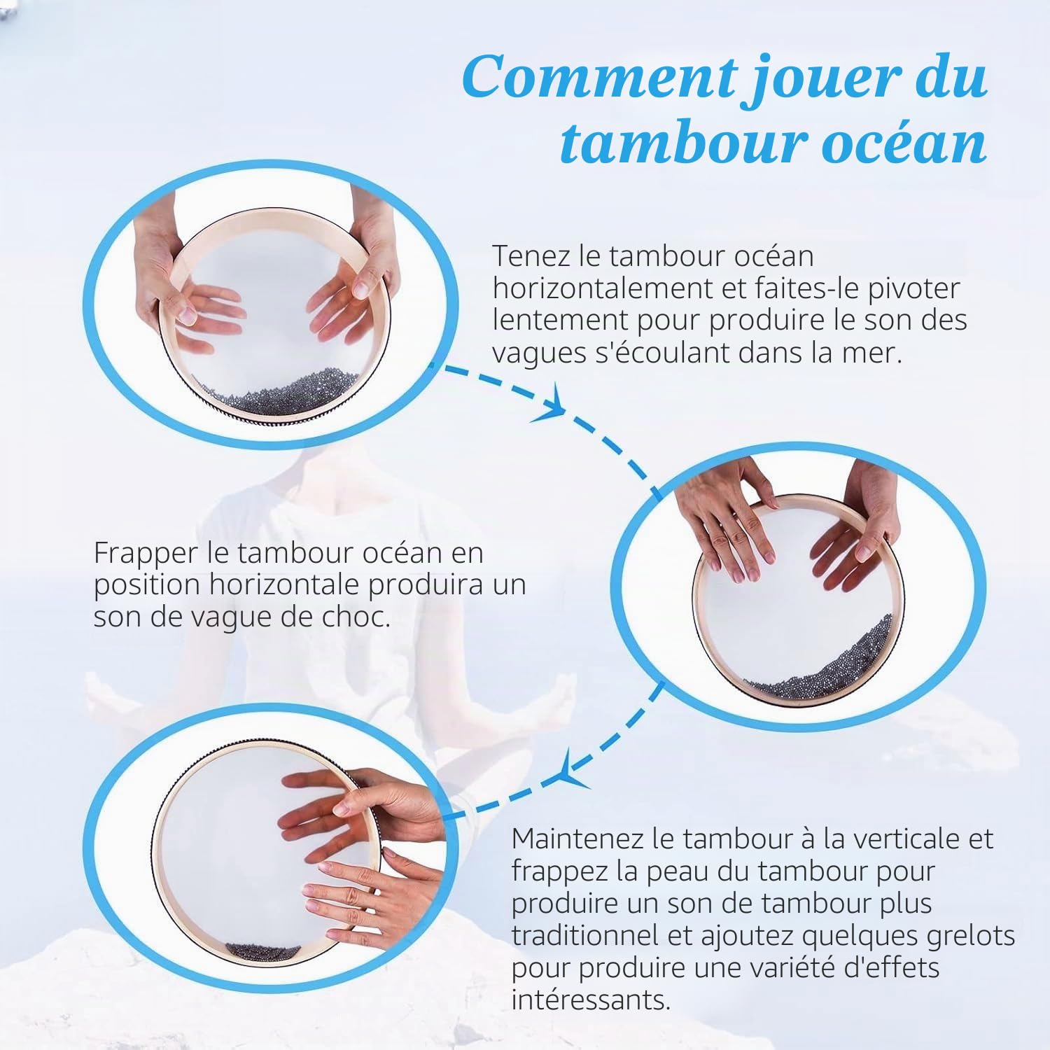 Tambour océanique de 25,4 cm, tambour sonore de 25,4 cm pour méditation et relaxation, tambour de pluie de couleur naturelle pour soulager le stress, instruments de guérison sonore de l'océan pour