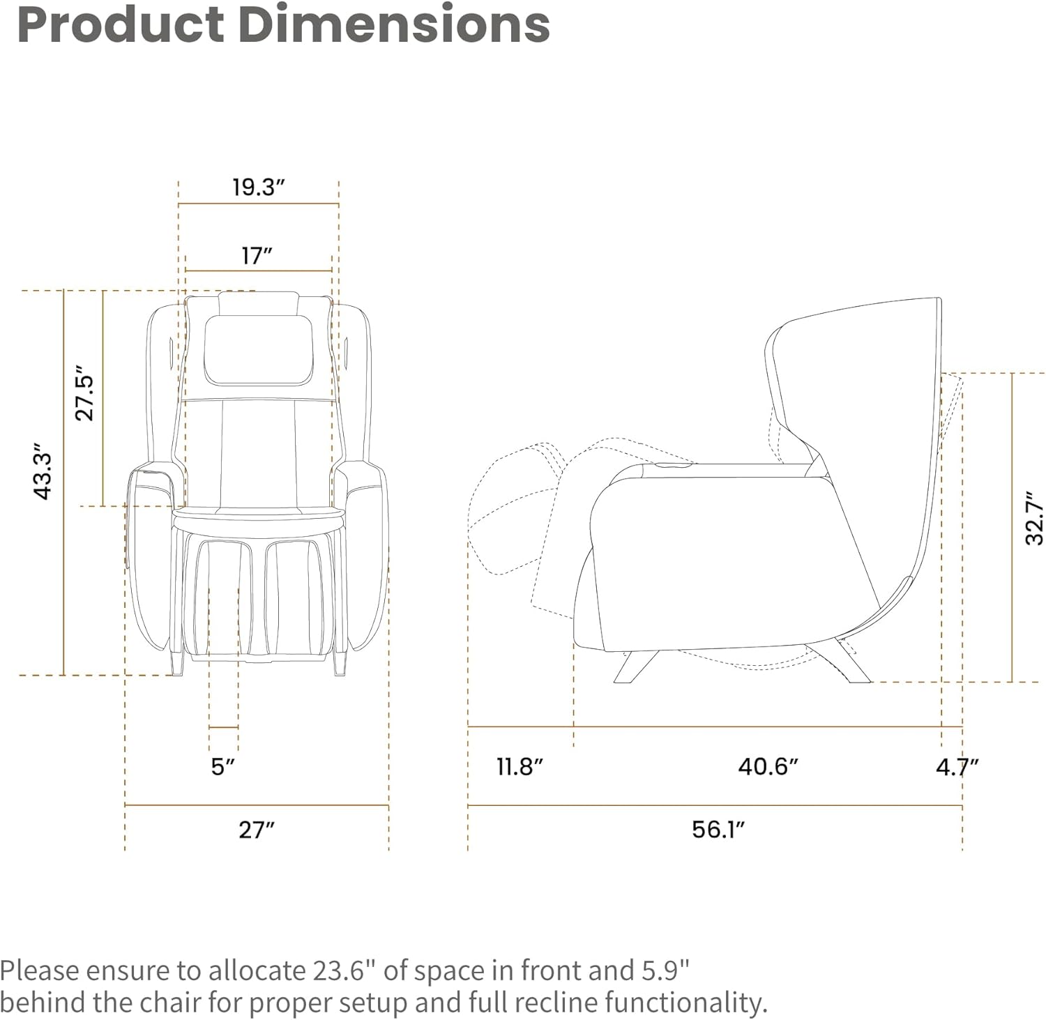 Diagram showing product dimensions and required clearance for the massage chair