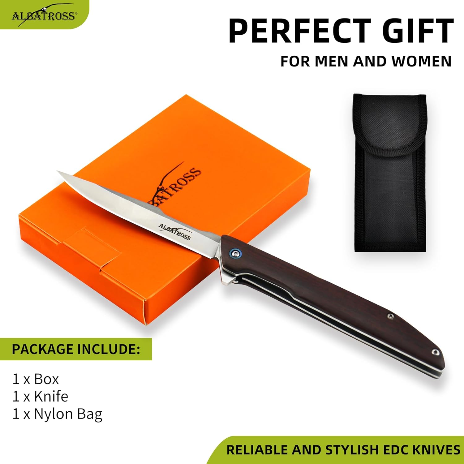 ALBATROSS Premium Folding Pocket Knife - EDC with D2 Steel Blade 3.5", Yellow Sandalwood Handle, Ball Bearing Assisted Open, Outdoor Camping Survival Tool with Handmade Gift Box