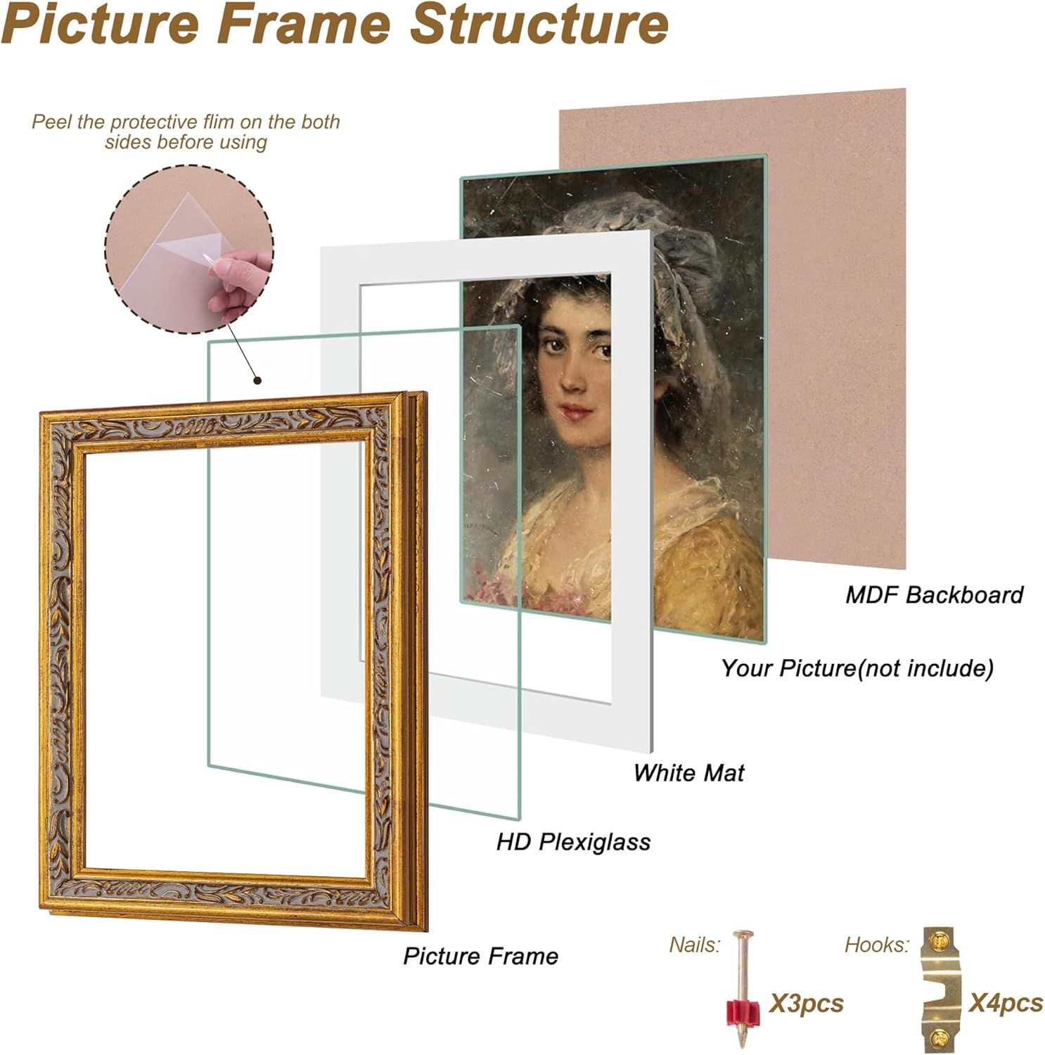 ArtXO 5x7 Picture Frame Gold, Wooden 5x7 Gold Frames with Mat 3.5x5.5, 5 x 7 Photo Frame Matted to 3.5 x 5.5 inch Print, 5 by 7 Wall Hanging Frames with Shatter Resistant Plexiglass