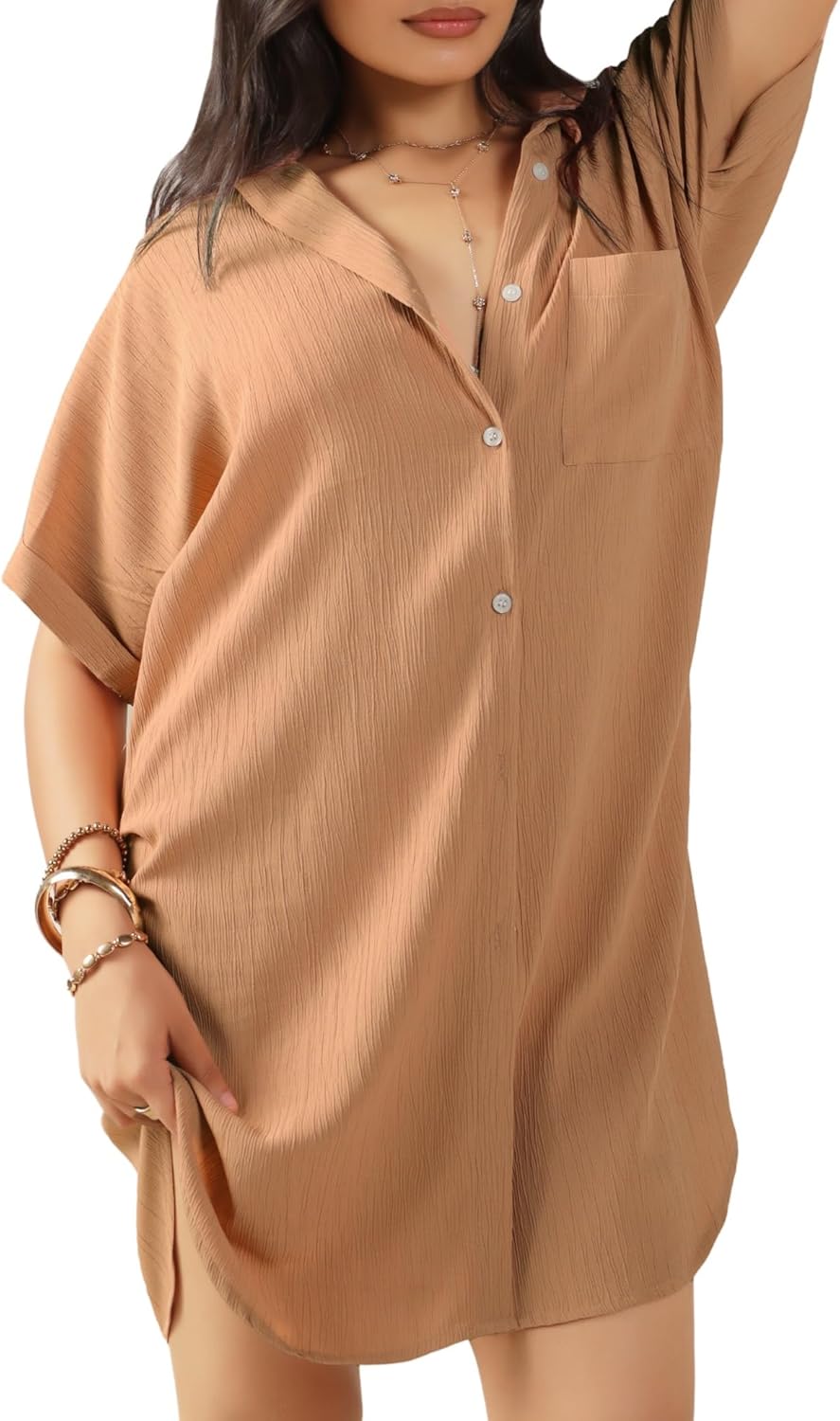 Women Swimsuit Coverup Shirts Button Down Bathing Suit Cover Up Beachwear Blouse Dresses Top for Poolside Beach Travel - Image 2