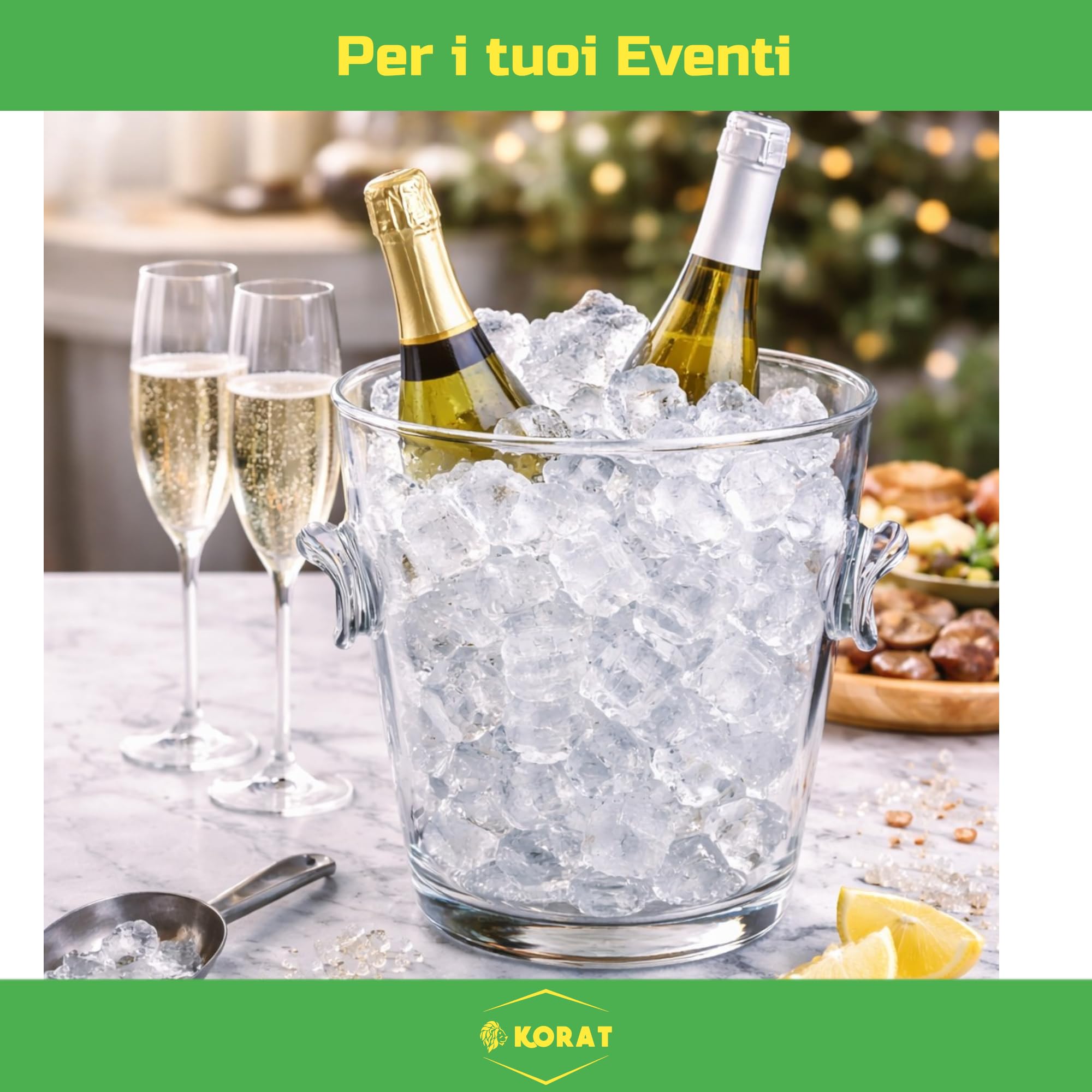 KORAT Secchiello Ghiaccio in Vetro Trasparente con Manici – Porta Bottiglie Champagne e Vino – 3 Dimensioni (Piccolo, Medio, Grande) – Elegante per Feste, Eventi e Casa (Grande - 20x20x25 Cm)