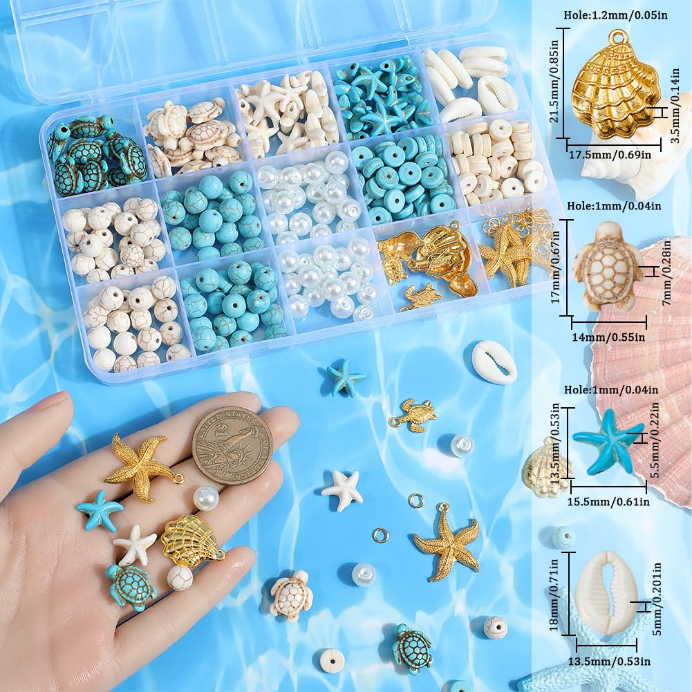 SUNNYCLUE 1 scatola 336 pezzi Kit Perline Oceano Tartaruga Marina Stella Marina Perlina Estate Hawaii Ciondoli Vita Marina Ciondolo Conchiglia Oro Ciondoli Tartarughe Perline Turchesi Fortunate per Ki